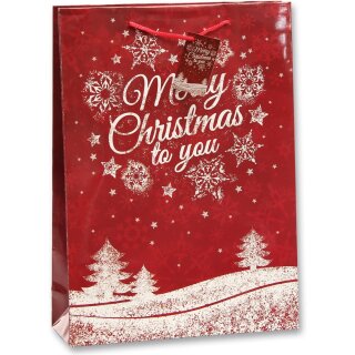 Bambelaa! 12 Stück Merry Christmas Geschenktüten Weihnachten Geschenktaschen Groß Papiertüten Weihnachtstüten 157 g Papier Rot Glänzend (Ca. 25x8,5x34 cm)